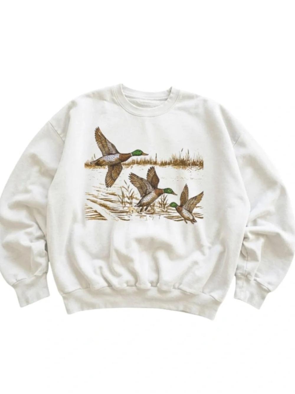 White Sweatshirt with Brown and Green Mallard Duck